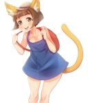  1girl animal_ears backpack bag bare_legs bare_shoulders blush_stickers bob_cut breasts brown_eyes brown_hair cat_ears cat_tail cleavage doubutsu_no_mori dress hat maiko-chan naso4 personification short_dress short_hair small_breasts smile solo tail white_background 