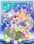  2girls absurdres alice_margatroid animal_ears blonde_hair blush braid cat_ears cat_tail checkered checkered_floor cheek_kiss chibi hairband highres izayoi_sakuya kiss maid_headdress multiple_girls open_mouth short_hair silver_hair sweatdrop tail touhou urufu 