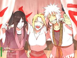  1girl 2boys arms_around_neck asukachan_to_ryotakun black_hair black_kimono blonde_hair blush character_name closed_eyes colored_skin dated eyes_visible_through_hair facing_viewer hair_over_one_eye happy_birthday japanese_clothes jiraiya_(naruto) kimono long_hair long_sleeves multiple_boys naruto_(classic) naruto_(series) open_mouth orochimaru_(naruto) outline signature smile sweatdrop teeth tsunade_(naruto) white_hair white_kimono white_skin wide_sleeves yellow_eyes 