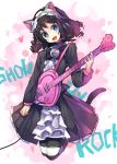  1girl animal_ears black_hair blue_eyes cat_ears cat_tail cyan_(show_by_rock!!) fang guitar hairband instrument looking_at_viewer short_hair show_by_rock!! smile solo striped striped_legwear tail ukyo_rst 