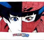  1girl bandana bangs black_hair blue_eyes blunt_bangs daromeon face_mask ketchup_ninja marker_(medium) mask ninja red_eyes shinoko_(ketchup_ninja) smile solo split_screen traditional_media 