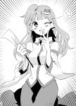  1girl detached_sleeves frog gohei hair_ornament heart heart-shaped_pupils kochiya_sanae long_hair monochrome shinoasa smile snake symbol-shaped_pupils touhou wink 