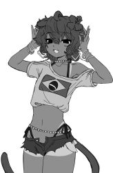 1boy :d absurdres animal_ear_fluff animal_ears arms_up baby_animal bare_shoulders brazilian_flag brazilian_miku brazilian_miku_(cosplay) cosplay denim denim_shorts dog exposed_pocket flower hair_flower hair_ornament hatsune_miku highres monochrome non-web_source puppy short_hair shorts smile solo standing tail thighs trap virtual_youtuber vocaloid