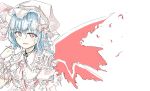  1girl absurdres ascot blue_hair bow colored frills hat highres looking_at_viewer open_mouth remilia_scarlet short_hair simple_background solo touhou white_background 