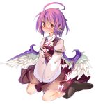  1girl ahoge annoyed blush boots buckle clenched_teeth full-face_blush highres mystia_lorelei pink_hair red_eyes rurisakura short_hair sitting sleeves_past_wrists solo tears touhou v_arms wariza white_background wide_sleeves wings 