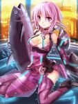  1girl breasts cleavage edobox phantasy_star_online_2 pointy_ears purple_hair sitting smile solo space_tuna violet_eyes 