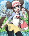  1girl bag black_legwear blue_eyes blue_sky brown_hair building clouds double_bun hair_bun holding holding_poke_ball kyurem long_hair looking_at_viewer mei_(pokemon) open_mouth pantyhose poke_ball poke_ball_print pokemoa pokemon pokemon_(creature) pokemon_(game) pokemon_bw2 raglan_sleeves shorts shoulder_bag sky smile tree twintails visor_cap 