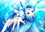  1girl blue_eyes blue_hair boots bubble cure_marine dress hair_ornament hair_ribbon heart heartcatch_precure! kurumi_erika long_hair magical_girl open_mouth outstretched_arms precure ribbon shiratama0426 smile solo sunlight thigh-highs underwater water white_legwear wrist_cuffs 