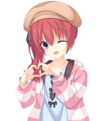  1girl ;d absurdres beret black_bow blue_eyes blue_shirt bow brown_hat casual collarbone commentary eyes_visible_through_hair four-finger_heart_hands hair_between_eyes hands_up happy hat heart heart_hands highres hood hood_down hoodie kaon_zz long_sleeves looking_at_viewer medium_hair mibu_chisaki moe_moe_kyun! official_alternate_costume official_alternate_hairstyle one_eye_closed open_clothes open_hoodie open_mouth paid_reward_available red_hair riddle_joker shirt shirt_bow side_ponytail simple_background smile solo striped_clothes striped_hoodie upper_body white_background 