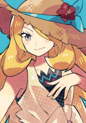  1girl anidler91 blonde_hair blue_background brown_hat closed_mouth cynthia_(pokemon) cynthia_(summer_2025)_(pokemon) flower grey_eyes hair_over_one_eye hat hat_flower highres long_hair official_alternate_costume pokemon pokemon_masters_ex red_flower solo sun_hat upper_body 