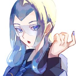  1girl blue_eyes blue_hair blue_shirt collared_shirt glass hair_rings highres long_hair long_sleeves looking_at_viewer mable_(pokemon) necktie open_mouth pokemon pokemon_xy portrait safety_glasses shirt simple_background siyu_mizu solo upper_body white_background 