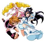  3girls arm_warmers black_hair blonde_hair blue_eyes boots brown_eyes brown_hair closed_eyes cure_black cure_white dress earrings fingerless_gloves futari_wa_precure futari_wa_precure_max_heart gloves half_updo heart jewelry knee_boots kujou_hikari leg_warmers long_hair magical_girl misumi_nagisa multiple_girls open_mouth outstretched_arms precure ribbon shiny_luminous short_hair twintails uraki yukishiro_honoka 