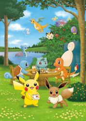 :3 artist_request berry blue_sky bright_pupils bulbasaur bush chair character-themed_food charmander closed_eyes closed_mouth clouds commentary_request cup day dot_nose dragon dragon_wings dragonite drink drinking_straw eevee ekans fangs fire flame-tipped_tail floating flower flying food gas grass koffing lapras meowth mew mew_(pokemon) no_humans nostrils official_art open_mouth outdoors pikachu plate poke_ball_symbol pokemon pokemon_(creature) pokemon_focus red_eyes second-party_source sitting sky smile snorlax squirtle starter_pokemon_trio table tail teacup tray tree v-shaped_eyes water white_pupils wings