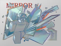  broken_mirror chance_(forsaken) chromatic_aberration english_text facing_viewer fedora flxphlx forsaken_(roblox) full_body glass_shard grey_background hat headphones highres mirror painterly roblox simple_background smirk sunglasses walking 