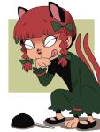  1girl animal_ears bow bowl braid cat_ears cat_tail dress extra_ears green_dress hair_bow kaenbyou_rin licking_lips long_sleeves multiple_tails needle onikobe_rin paw_pose redhead solo squatting tail touhou twin_braids 