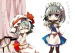  2girls bat_wings black_legwear blue_eyes braid covering_mouth fang hat hat_ribbon izayoi_sakuya maid_apron maid_headdress multiple_girls pantyhose remilia_scarlet ribbon sakusakumonoka silver_hair smile touhou twin_braids wings 