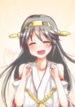  1girl ^_^ black_hair bust closed_eyes detached_sleeves hairband haruna_(kantai_collection) kantai_collection long_hair nontraditional_miko open_mouth smile solo takorice 