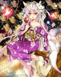  animal_ears anklet branch butterfly dino_(trexsilence) festival fox_ears fox_mask fox_tail hair_ornament japanese_clothes jewelry kimono long_hair mask red_eyes sandals smile tail tree white_hair 