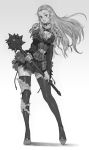  1girl armor armored_dress belt breasts choker cleavage contrapposto earrings jewelry kilart long_hair mace monochrome original simple_background solo thighhighs vambraces weapon zettai_ryouiki 
