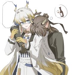  1boy 1girl absurdres antlers arknights black_jacket blank_speech_bubble blonde_hair blue_eyes blue_hair blush brown_hair chinese_commentary coat colored_extremities commentary_request dragon_girl dragon_horns drunk ear_blush earrings grey_hair highres horns jacket jewelry ji_(arknights) leaning leaning_on_person long_hair long_sleeves multicolored_hair nanxing_buye necklace open_clothes open_coat pointy_ears shu_(arknights) simple_background speech_bubble streaked_hair sweatdrop very_long_hair white_background white_coat 