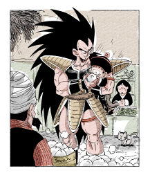  1girl 3boys black_hair brown_tail cat child dragon_ball dragon_ball_(object) dragon_ball_z fenyon food highres long_hair male_focus monkey_tail multiple_boys raditz saiyan_armor scouter son_gohan spiky_hair steamed_bun tail 