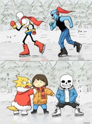  1other 2017 2boys 2d 2girls 2koma alphys ambiguous_gender ankle_boots anthro armor black_eyepatch black_shorts blue_jacket blue_shirt blue_shorts blue_skin boots brothers brown_boots brown_hair cape colored_sclera comic digital_media ear_fins eyepatch female fins fish fish_girl frisk_(undertale) gloves head_fins height_difference high_ponytail hood hood_down hooded_jacket horizontal-striped_clothes horizontal-striped_shirt human humanoid ice_skating jacket lizard lizard_girl long_hair male monster monster_boy monster_girl multiple_boys multiple_girls open_clothes open_jacket outdoors papyrus_(undertale) pink_stripes ponytail red_boots red_cape red_gloves red_hair reptile reptile_girl sans_(undertale) scalie sharp_teeth shirt short_hair shorts siblings skeleton slit_pupils snow soymame striped_clothes striped_shirt striped_shorts struggling teeth undead undertale undyne utdr_(toby_fox) vertical-striped_clothes vertical-striped_shorts white_armor white_shirt white_stripes yellow_sclera yellow_skin yellow_teeth 