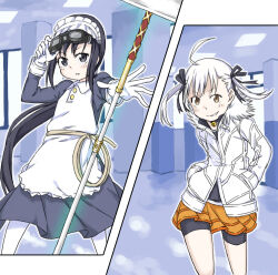  accelerator_(toaru_majutsu_no_index) accelerator_(toaru_majutsu_no_index)_(cosplay) adjusting_eyewear adjusting_goggles ahoge apron bell black_hair black_ribbon black_shorts brown_eyes commentary_request cosplay cowboy_shot dress feet_out_of_frame fur-trimmed_jacket fur_trim gloves goggles goggles_on_head grey_dress grey_eyes grin hair_ribbon hand_up hands_in_pockets jacket jingle_bell light_blush long_hair long_sleeves low_ponytail maid maid_apron maid_headdress medium_dress medium_hair miniskirt neck_bell official_style orange_skirt original outstretched_arm parted_lips partial_commentary pleated_skirt pocket ponytail ribbon short_shorts shorts sidelocks skirt smile standing thigh-highs toaru_majutsu_no_index twintails v-shaped_eyebrows very_long_hair white_apron white_gloves white_hair white_jacket white_thighhighs yakutashi 