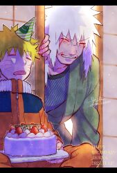  2boys asukachan_to_ryotakun birthday_cake blonde_hair cake closed_eyes dated drooling facial_mark food fruit green_kimono happy_birthday hat highres holding holding_plate jacket japanese_clothes jiraiya_(naruto) kimono long_hair long_sleeves male_focus mouth_drool multiple_boys naruto_(classic) naruto_(series) old old_man open_mouth orange_jacket orange_pants pants party_hat plate short_hair signature sleeping strawberry uzumaki_naruto whisker_markings white_hair 