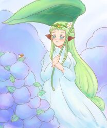  1girl animal_ears blue_eyes blue_flower closed_mouth dress fantasy_life fantasy_life_i:_the_girl_who_steals_time fantasy_life_online flower green_hair hair_flower hair_ornament highres hydrangea jewelry leaf_umbrella leilah_(fantasy_life) long_bangs long_hair snail solo sumumu translation_request white_flower 