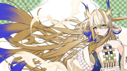  1girl absurdres arknights bare_shoulders beads belt blonde_hair brown_hair chromatic_aberration closed_mouth commentary dragon_girl dragon_horns floating_hair gradient_hair green_eyes hair_between_eyes hair_intakes highres holding holding_plant horns jewelry long_hair long_sleeves looking_at_viewer multicolored_hair necklace off_shoulder plant pointy_ears purple_hair shu_(arknights) smile solo split_mouth strapless tera1645627 tube_top upper_body very_long_hair wheat white_belt white_hair white_tube_top wide_sleeves 