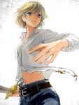  1girl blonde_hair blue_eyes cleo_everlastin majutsushi_orphen nanatoki short_hair solo spoilers sword weapon 