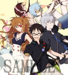  2boys 3girls ayanami_rei bag bespectacled blue_hair brown_hair casual dress eyepatch glasses grey_hair ikari_shinji makinami_mari_illustrious meer_rowe multiple_boys multiple_girls nagisa_kaworu neon_genesis_evangelion orange_hair rebuild_of_evangelion sample shikinami_asuka_langley skirt smile souryuu_asuka_langley sunglasses 