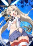  1girl anchor black_panties blonde_hair blush elbow_gloves gloves hair_ornament hairband kantai_collection long_hair looking_at_viewer navel open_mouth panties personification rensouhou-chan shimakaze_(kantai_collection) skirt solo striped striped_legwear thighhighs underwear white_gloves yuuzii 