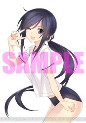  1girl ;d black_buruma breasts buruma chaos;child chaos;child_love_chu_chu!! dengeki_online gym_uniform kunosato_mio long_hair looking_at_viewer medium_breasts official_art one_eye_closed open_mouth ponytail purple_hair sample_watermark sasaki_mutsumi science_adventure shiny_eyes shirt smile solo thighs tongue very_long_hair violet_eyes watermark white_background white_shirt 