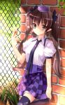  1girl angel_koman brick_wall brown_eyes brown_hair cellphone checkered fence hat heart himekaidou_hatate long_hair multiple_girls necktie phone pointy_ears skirt solo thigh-highs tokin_hat touhou twintails 
