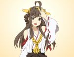  1girl ahoge black_eyes braided_hair brown_hair detached_sleeves double-master hairband japanese_clothes k-on! kantai_collection kongou_(kantai_collection) long_hair looking_at_viewer open_mouth parody solo style_parody 