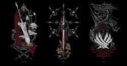  absurdres bare_tree claw_(weapon) cloak crossed_swords ender_lilies_quietus_of_the_knights flower highres lily_(flower) limited_palette masu0o0 monument no_humans sword throne tree weapon 