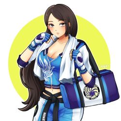  1girl bag black_belt black_hair brown_eyes chewpie female female_focus female_only korean namco shuwawei simple_background solo solo_focus taekwondo tekken towel twitter white_background 