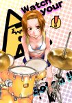  ! 1girl brown_eyes brown_hair camel_hakase casual drum drum_set highres instrument k-on! short_hair solo tainaka_ritsu 