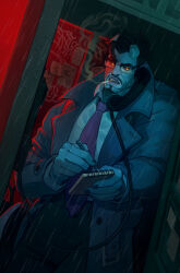  1boy abrams_(deadlock) artist_name beard black_hair blue_coat blue_skin broken_horn cigarette coat colored_skin deadlock_(game) english_commentary facial_hair glasses highres holding holding_notepad horns male_focus mustache necktie notepad paangoliin phone_booth rain shirt smoking solo standing white_shirt writing yellow_eyes 