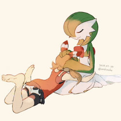  1girl artist_name barefoot bob_cut bow brown_hair closed_eyes colored_skin dated gardevoir green_hair green_skin hair_bow hair_over_one_eye highres hotarubi_(bugkhdu) may_(pokemon) multicolored_skin pokemon pokemon_(creature) pokemon_oras red_shirt shirt simple_background smile two-tone_skin white_skin 