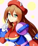  1girl android armor belt beret breasts brown_hair dress gloves green_eyes hat iris long_hair ponytail rockman rockman_x smile solo 