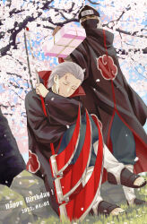  2boys absurdres akatsuki_uniform bento blood blood_on_face blue_sky cherry_blossoms closed_eyes closed_mouth crossed_legs dated forehead_protector full_body grass green_eyes grey_hair happy_birthday hidan_(naruto) highres holding holding_bento holding_scythe holding_weapon kakuzu_(naruto) male_focus mask mouth_mask multiple_boys naruto_(series) naruto_shippuuden ninja ninja_mask outdoors scythe short_hair sitting sky standing tree weapon yi_(199702090505) 