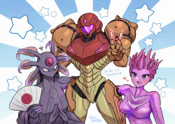 1other 2girls alien arm_around_waist breasts colored_skin extra_arms forehead_protector gandrayada hand_fan looking_at_another looking_at_viewer metroid metroid_prime_3:_corruption metroid_prime_4:_beyond multiple_girls parody pink_skin pink_visor power_suit_(metroid) samus_aran scene_reference v varia_suit wakaba_(wata_ridley) 