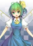  1girl ascot blue_dress breasts culter daiyousei dress fairy_wings green_eyes green_hair hair_ribbon large_breasts looking_at_viewer open_mouth puffy_sleeves ribbon shirt short_sleeves side_ponytail smile solo tile_background touhou wings 