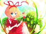  1girl blonde_hair blouse blue_eyes bow dress flower gradient gradient_background hair_bow hair_ribbon highres knees_up leaf leaf_background lily_of_the_valley looking_at_viewer medicine_melancholy moseley puffy_short_sleeves puffy_sleeves ribbon short_hair short_sleeves sitting skirt solo su-san touhou wings 