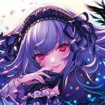  1girl bow close-up face feathers gothic_lolita hair_ribbon hairband kinm lace lips lolita_fashion long_hair looking_at_viewer lowres neck_ribbon petals portrait puffy_sleeves red_eyes ribbon rozen_maiden silver_hair solo suigintou 