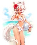  1girl alternate_costume animal_ears ball beach beachball bikini front-tie_top inubashiri_momiji matsuda_(matsukichi) messy_hair red_eyes rough short_hair side-tie_bikini smile solo sunglasses swimsuit tail touhou white_bikini white_hair white_swimsuit wolf_ears wolf_tail 