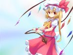  1girl ascot blonde_hair flandre_scarlet gradient gradient_background hakuto_(28syuku) hat hat_ribbon laevatein looking_at_viewer mob_cap parted_lips red_eyes ribbon short_hair side_ponytail simple_background skirt skirt_set solo touhou wings wrist_cuffs 