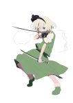  1girl bandages blue_eyes dual_wielding hairband hitodama katana konpaku_youmu konpaku_youmu_(ghost) mieharu mouth_hold ribbon short_hair silver_hair solo sword touhou weapon 